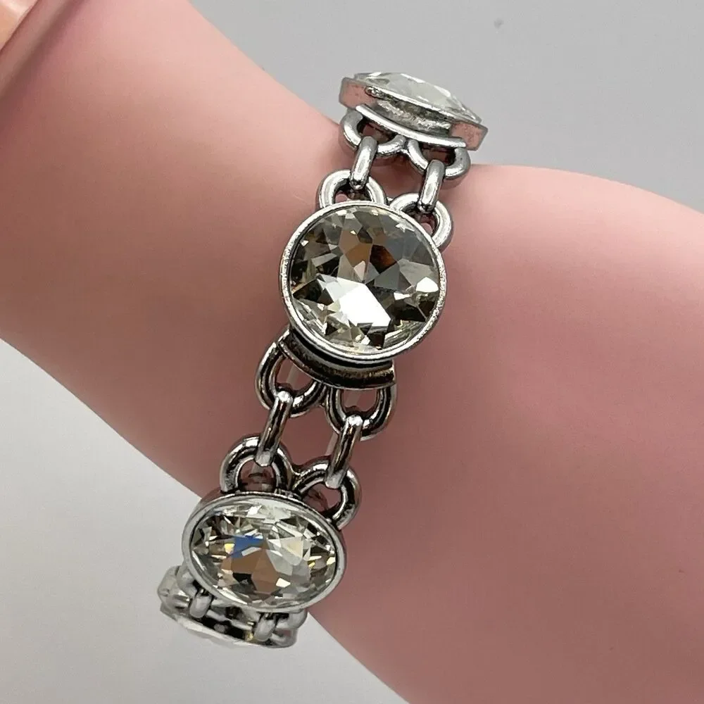 Silver Tone White Round Cut Glass Rhinestone Stretch Bracelet Boho Bold Fashion